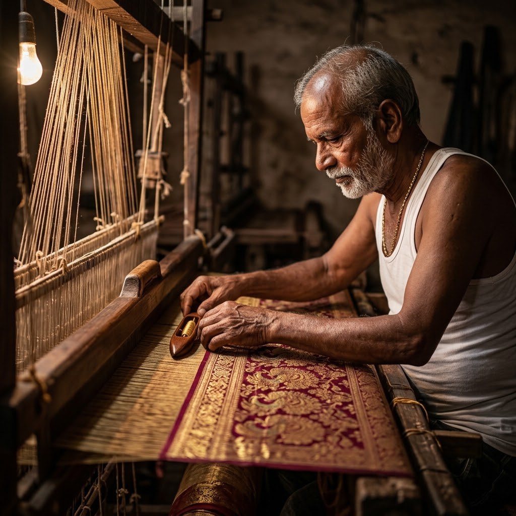 A handloom weaver at work